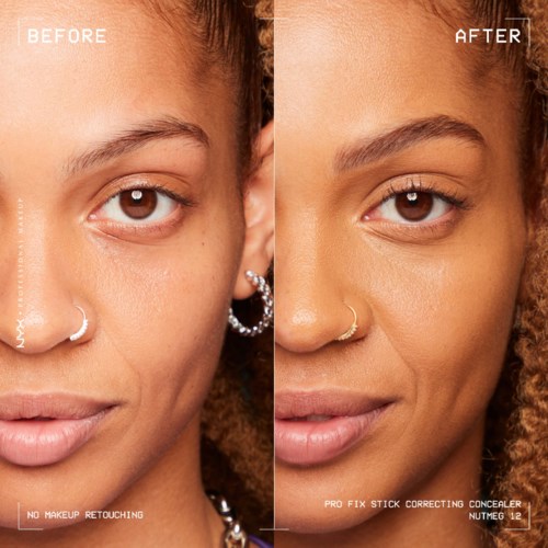 Seitlich zwei Bilder zeigen Hautverbesserung durch Make-up-Entfernung und Make-up-Auftrag. Fokus auf Gesicht, Augenbrauen und Nasenpiercings.