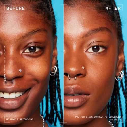 Seitenansicht zeigt das Gesicht eines Mädchens vor und nach Make-up-Korrektur, mit klarer Haut und natürlichem Aussehen.