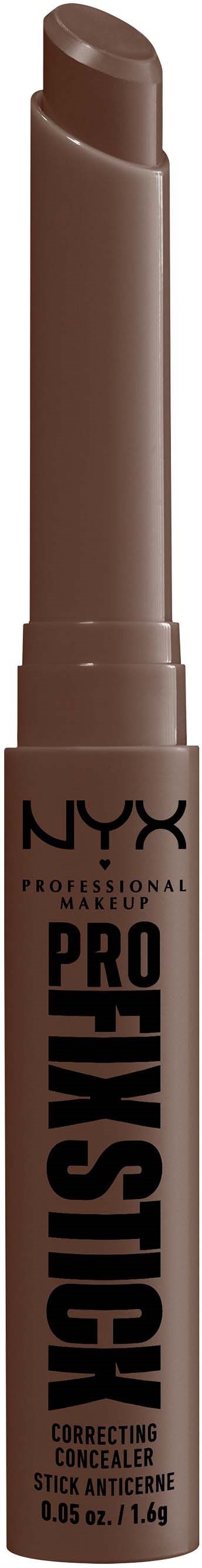 Ein brauner NYX Pro Finition Concealer-Stift mit schwarzem Text auf beigeem Hintergrund.