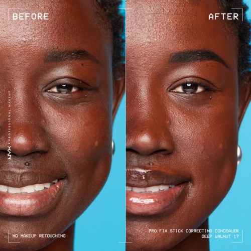 Seitenvergleich eines Gesichts vor und nach Make-up-Korrektur, mit klarerer Haut und definierten Augenbrauen.