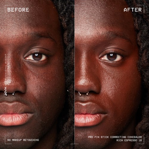 Ein Seitenvergleich eines Frauengesichtes zeigt vor und nach Make-up-Korrektur mit klarerer Haut und gleichmäßigem Ton.
