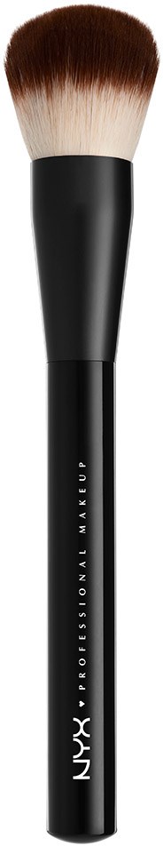 Een zwarte kwast met beige haren en witte tekst, waarschijnlijk voor make-up of blenden.