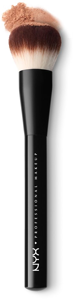 Make-upkwast met zwarte steel en pluizige lichtroze en bruine haren. NYX Professional Makeup-logo op steel.