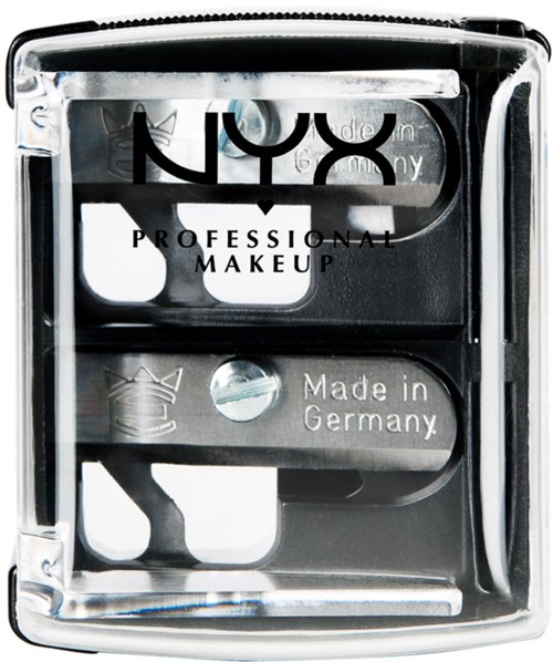 A transparent compact with black NYX Professional Makeup logo, contains makeup tools, and says 'Made in Germany.'
