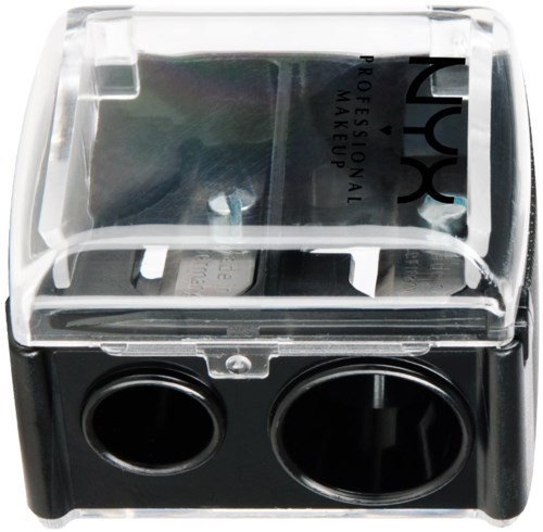 A clear makeup organizer with two round holes at the bottom and a NYX logo on the top. It holds makeup items.