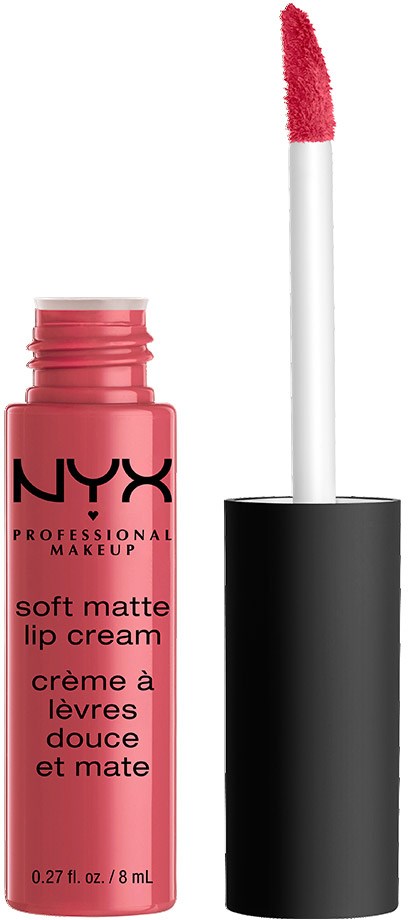 En flaska med NYX soft matte läppstift med applikator borttagen, visar rosa läppfärg.