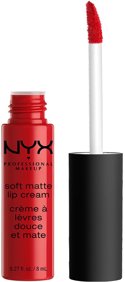 Eine rote NYX Lippencremetube mit schwarzem Deckel und einem Applikator mit roter Lippenstiftfarbe.