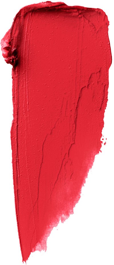 Ein leuchtend roter Lippenstiftstrich auf weißem Hintergrund, mit strukturierter und leicht verschmierter Optik.