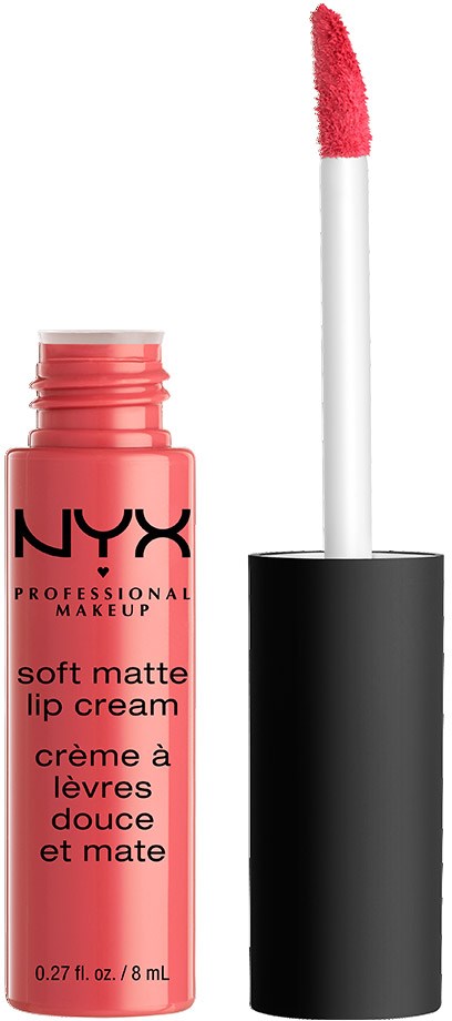 En korallrosa flaska med NYX soft matte lip cream med applikator och svart lock.