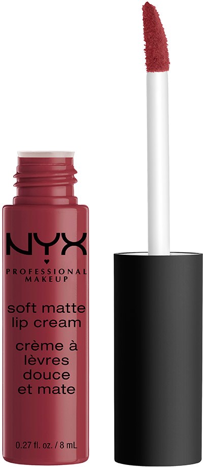 Ein NYX Lippen-Glossbehälter mit Pinselapplikator, der weiche matte Lippencreme zeigt.
