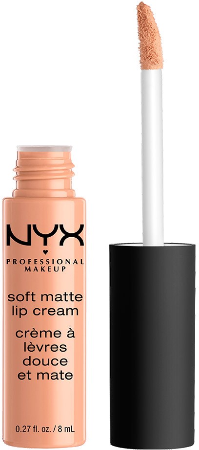 A soft matte lip cream with a wand applicator and black cap, in a peach-colored bottle with black text.
