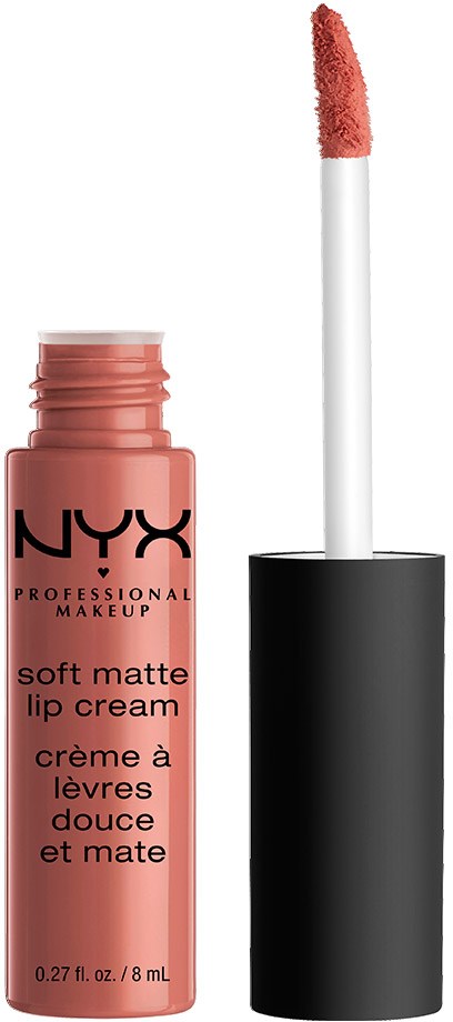 Eine Flasche NYX Soft Matte Lip Cream mit Applikator, zeigt peachfarbigen Lippenstift.