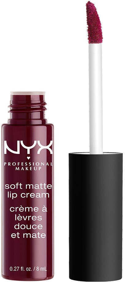 Eine NYX Lippencreme-Flasche und Applikator mit matter Oberfläche, dunkler pinker Farbe und weißer sowie schwarzer Verpackung.