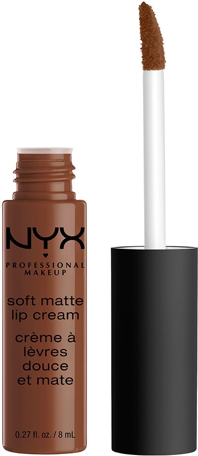 En NYX soft matte läppkrämflaska med en applikator som visar brunt läppfärg. Det är en makeup-produkt för läppar.