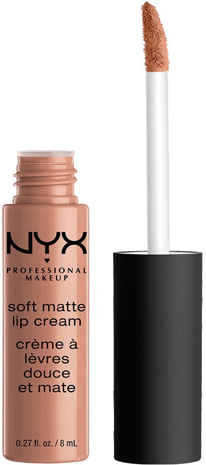 Eine NYX Soft Matte Lip Cream Flasche mit Applikatorpinsel, in Pfirsichfarbe.