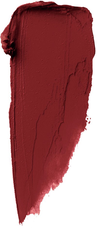 Ein Streifen roter Lippenstift auf weißem Hintergrund, mit Flecken und ungleichmäßigen Rändern.