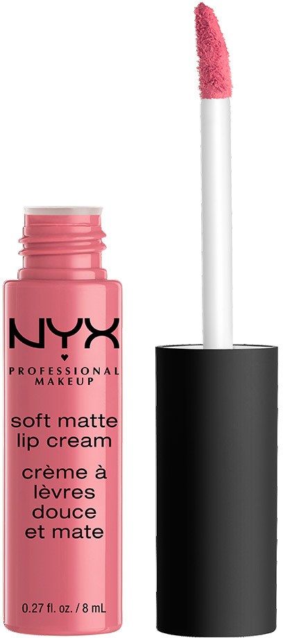 Rosa Lippencremeflasche mit weißem Applikator und schwarzem Deckel, gekennzeichnet NYX Soft Matte Lip Cream.