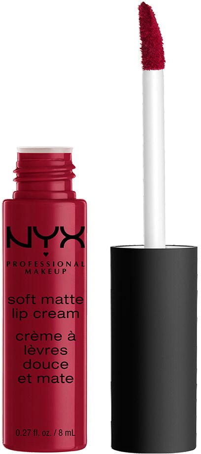 A red NYX lip cream tube with a black cap and a white wand showing pink lipstick.