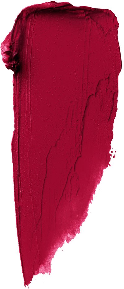 A thick, creamy red lipstick smear with uneven edges and texture on a white background.