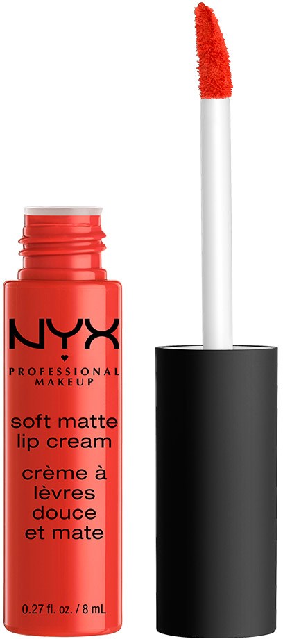 Röd läppglans med en applikator och svart topp från NYX, märkt som soft matte läppkräm.