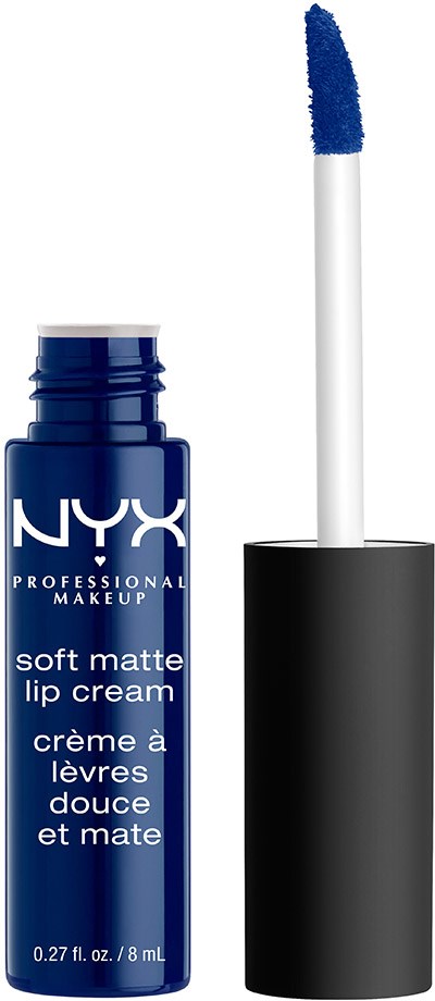Ett blått NYX läppkräm-förpackning med en ansluten applikator, märkt 'soft matte lip cream' med text på engelska och franska.