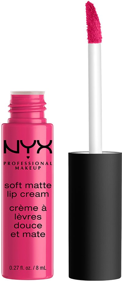 Rosa läppkrämflaska med applikator, märkt NYX soft matte lip cream.