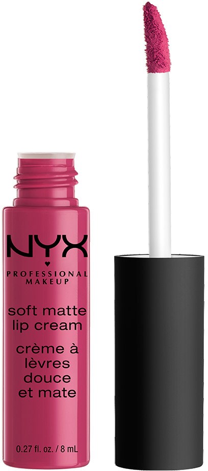 Pinkes NYX Lippencreme mit weißem Applikator, der eine pinke Lippenfarbe zeigt. Schwarzer Deckel abgenommen.
