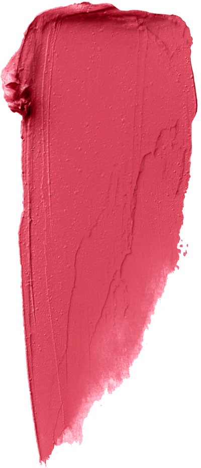 Ein pinker Lippenstiftstrich mit glatter Textur und ungleichmäßigen Kanten auf weißem Hintergrund.