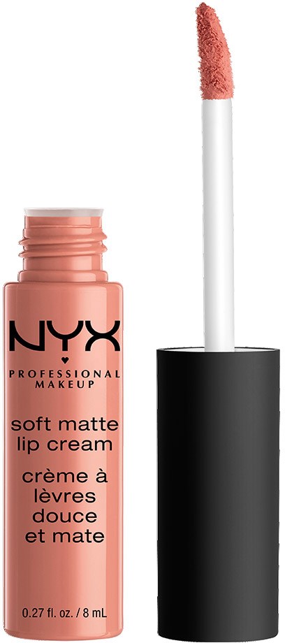 Eine Tube NYX Soft Matte Lip Cream mit einem pinkfarbenen Lipgloss-Applikator.