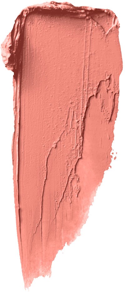 Ein Streifen aus rosa-orangenem Make-up oder Creme mit texturierten Strichen auf weißem Hintergrund.