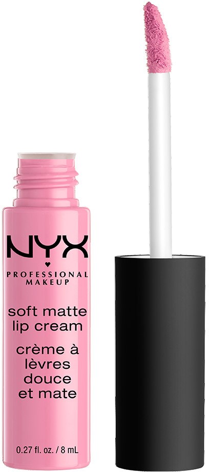 En rosa tub av NYX soft matte lip cream med en vit applikatorstift.