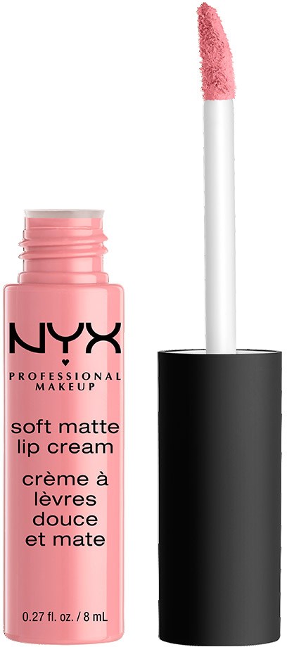 Rosa läppglans med vit applikator och svart lock från NYX, märkt som soft matte lip cream.