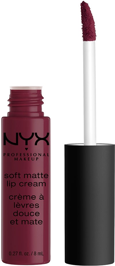 En NYX läpproduktflaska i mörk rosa, med applikator. Etiketten säger "soft matte lip cream."