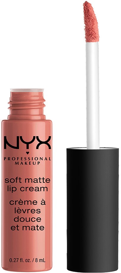 Eine Tube NYX Soft Matte Lip Cream mit Applikator und rosa Farbe. Die Tube ist hellrosa mit schwarzem Text.