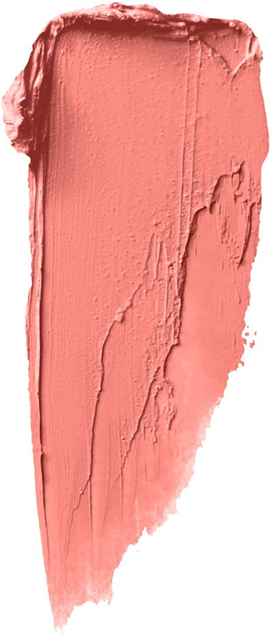 Ein Streifen pinkfarbenen Korallenschminke oder Farbe auf weißem Hintergrund, mit sichtbarer Textur und Streifen.