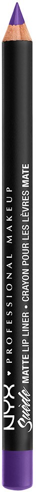 En svart och lila läppennpenna med vit text, visar att den är för professionell makeup och matt finish.