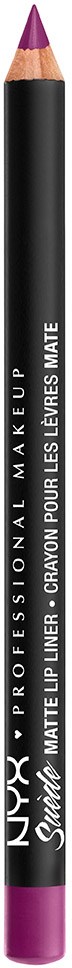 En svart penna med lila spets och vit text, märkt 'NYX Professional Makeup, Matte Lip Liner, Satin Cushion.'