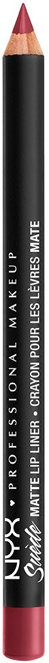 Een zwarte en rode make-uppotlood met witte tekst, gelabeld als matte lipliner door NYX.