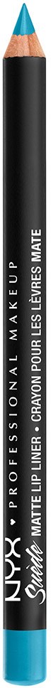 En svart läppennor med blå spets, märkt NYX Professional Makeup, Shine Matte Lip Liner. Den står upprätt.