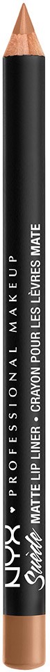Ein schwarzer Lipliner-Stift mit weißen Text und beiger Spitze, für professionelles Make-up.