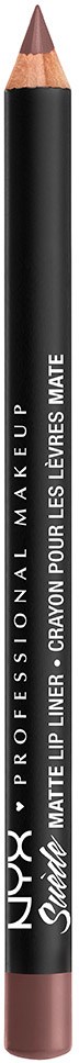 Ein schwarzer Eyeliner-Stift mit weißem Text, einschließlich Markenname NYX und Produkdetails, Spitze in Hellbraun.