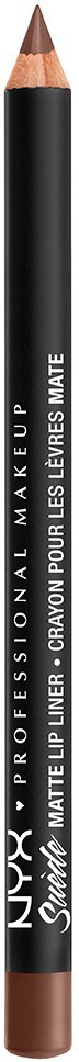 En svart kajspenna med vit text, en brun spets i änden, märkt 'NYX PROFESSIONAL MAKEUP', 'MATTE LIP LINER' och mer.