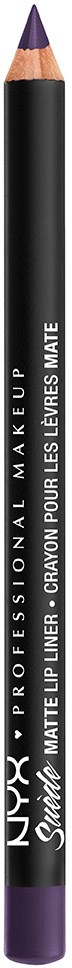 En svart penna med lila vid spetsen och längst ner, märkt "NYX PROFESSIONAL MAKE UP" och "Matte Lip Liner".