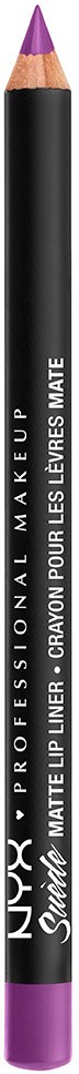 Svart penna med lila spets, vit och lila text, och ett lila slut, märkt NYX professionell makeup.
