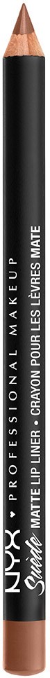 Een zwarte make-up potlood met witte en zilveren tekst, toont het merk NYX en productbeschrijving.