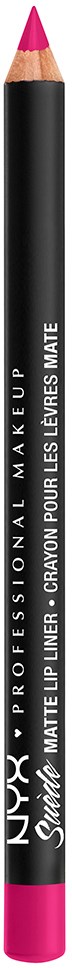 A pink and black makeup pencil with white text, labeled as a matte lip liner for lips in a sleek design.