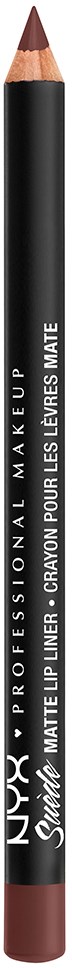 Een zwarte lippotlood met een bruine punt, gemarkeerd 'NYX Professional Make Up' en 'Matte Lip Liner' aan de zijkant.