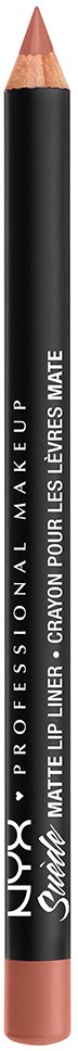 Ett svart penne med rosa spets, märkt NYX Matte Lip Liner, ligger vertikalt.