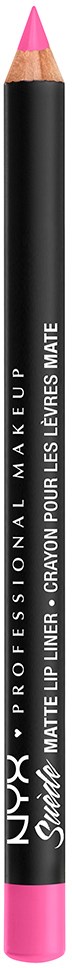 En rosa och svart läppkritspenna från NYX, märkt 'Professional Makeup' och 'Matte Lip Liner' i vitt text.