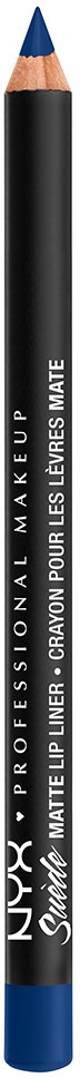 En svart eyeliner penna med blå spets och vit text, märkt 'NYX Professional Makeup Matte Lip Liner' och 'Sleek Matte Lip Liner Intended for Lip Use'.